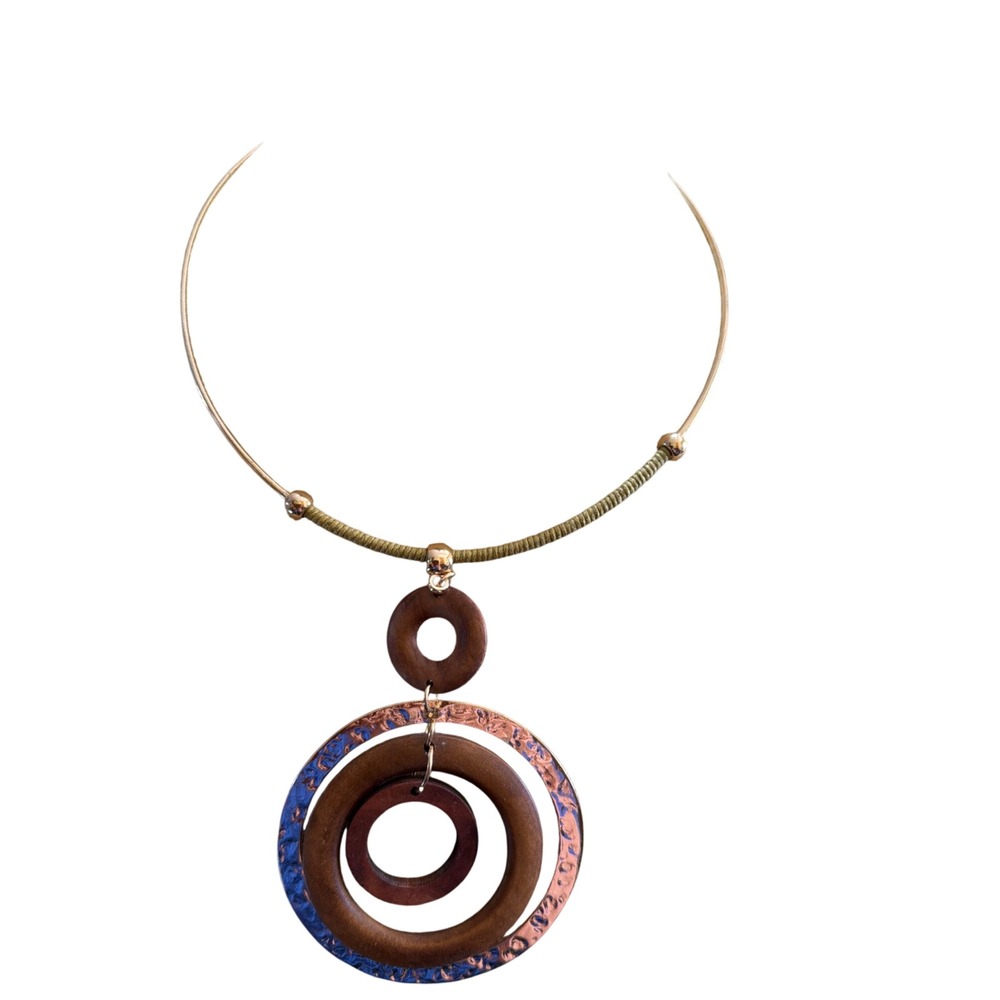 Cato 1946 Gold Tone Wood Copper Mixed Media Geometric Circle Collar Necklace